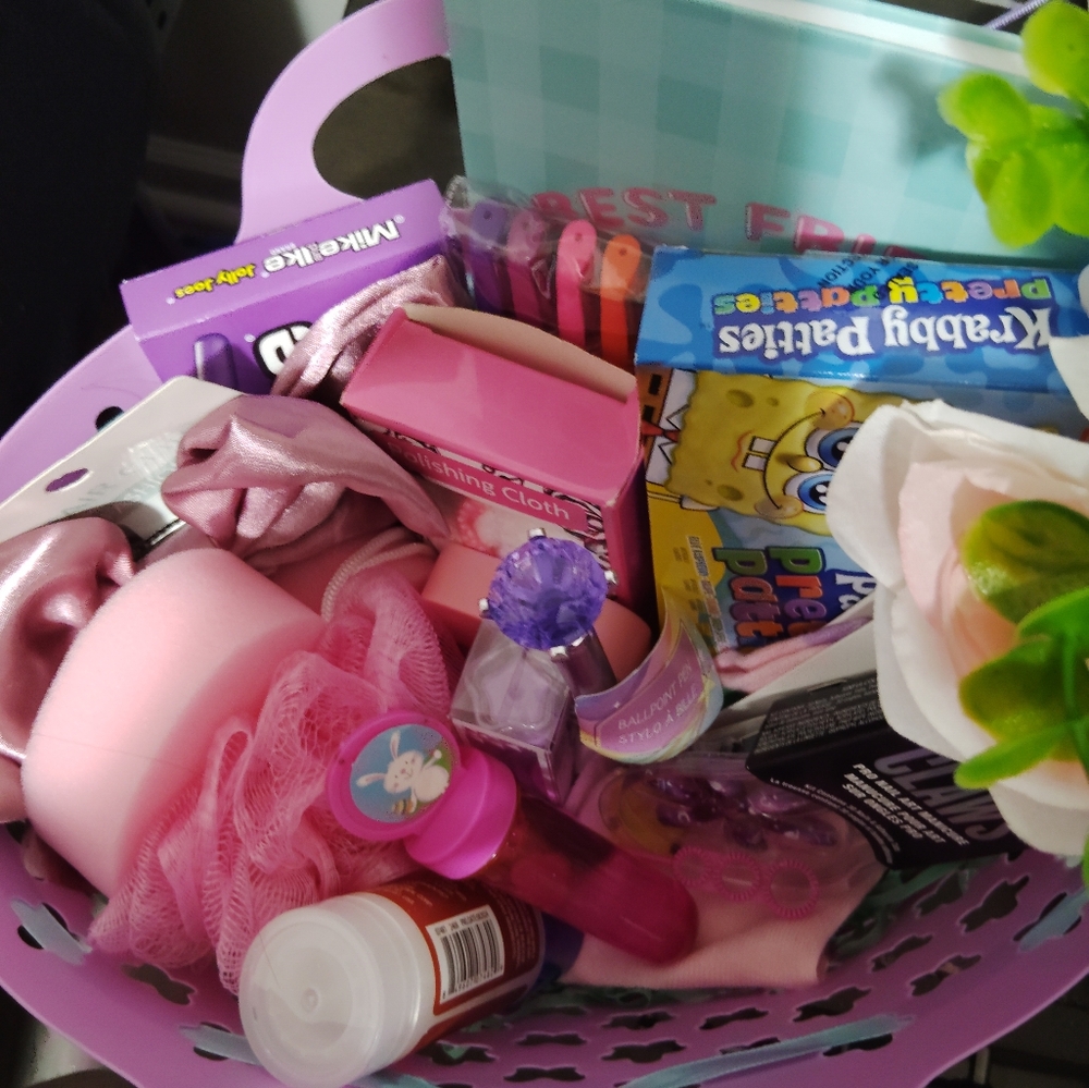 Colorful Gift Basket with Pink and Purple Goodies